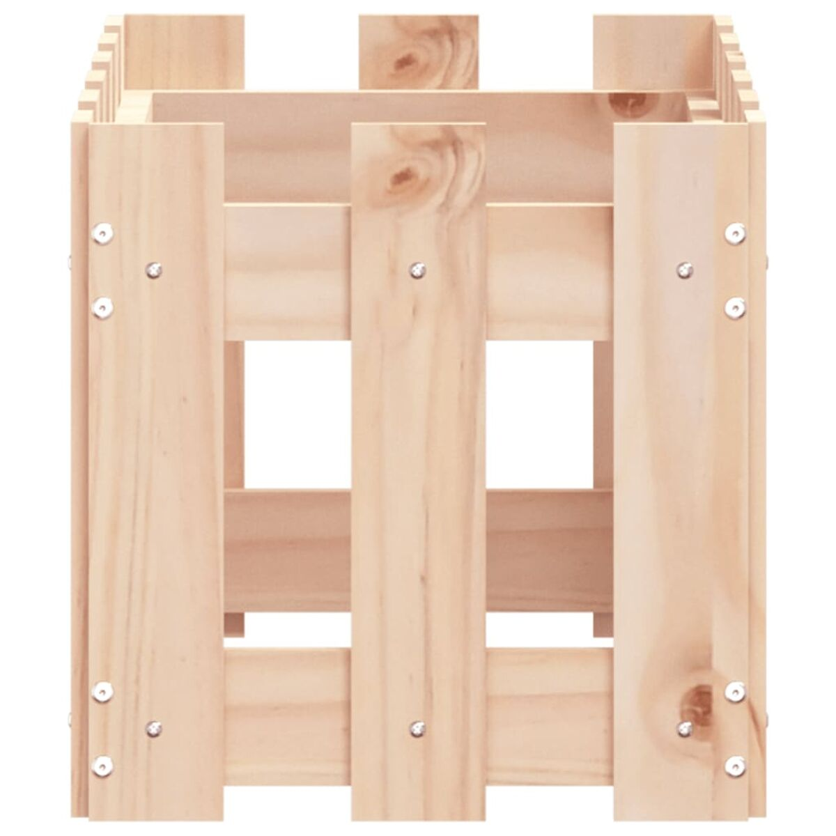 Eine Holzkiste aus hellbraunem Holz. Sie hat eine quadratische Form mit offenen Seiten.