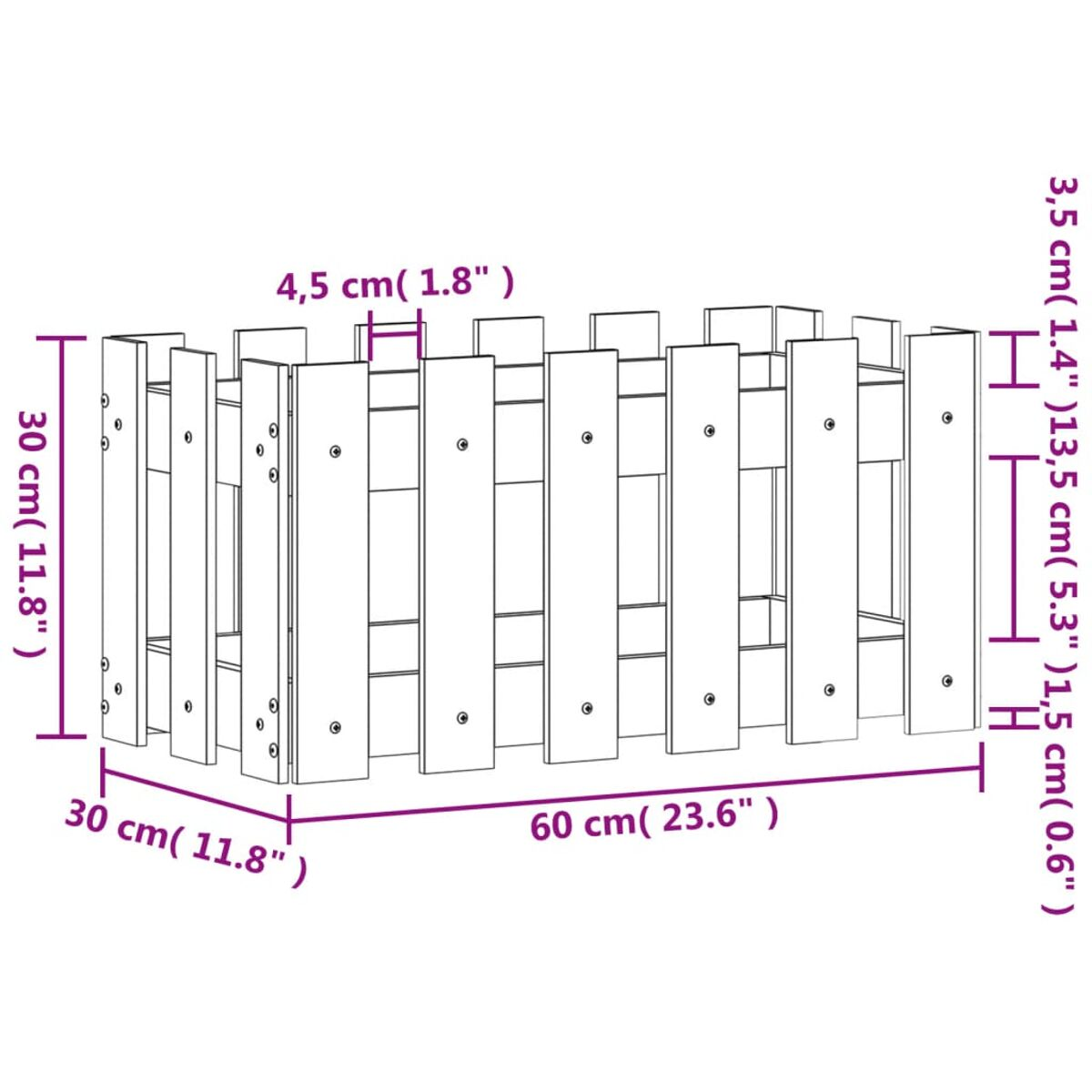 Quadratischer Holzpflanzkübel mit Maßangaben. Die Latten sind vertikal und beabstandet.