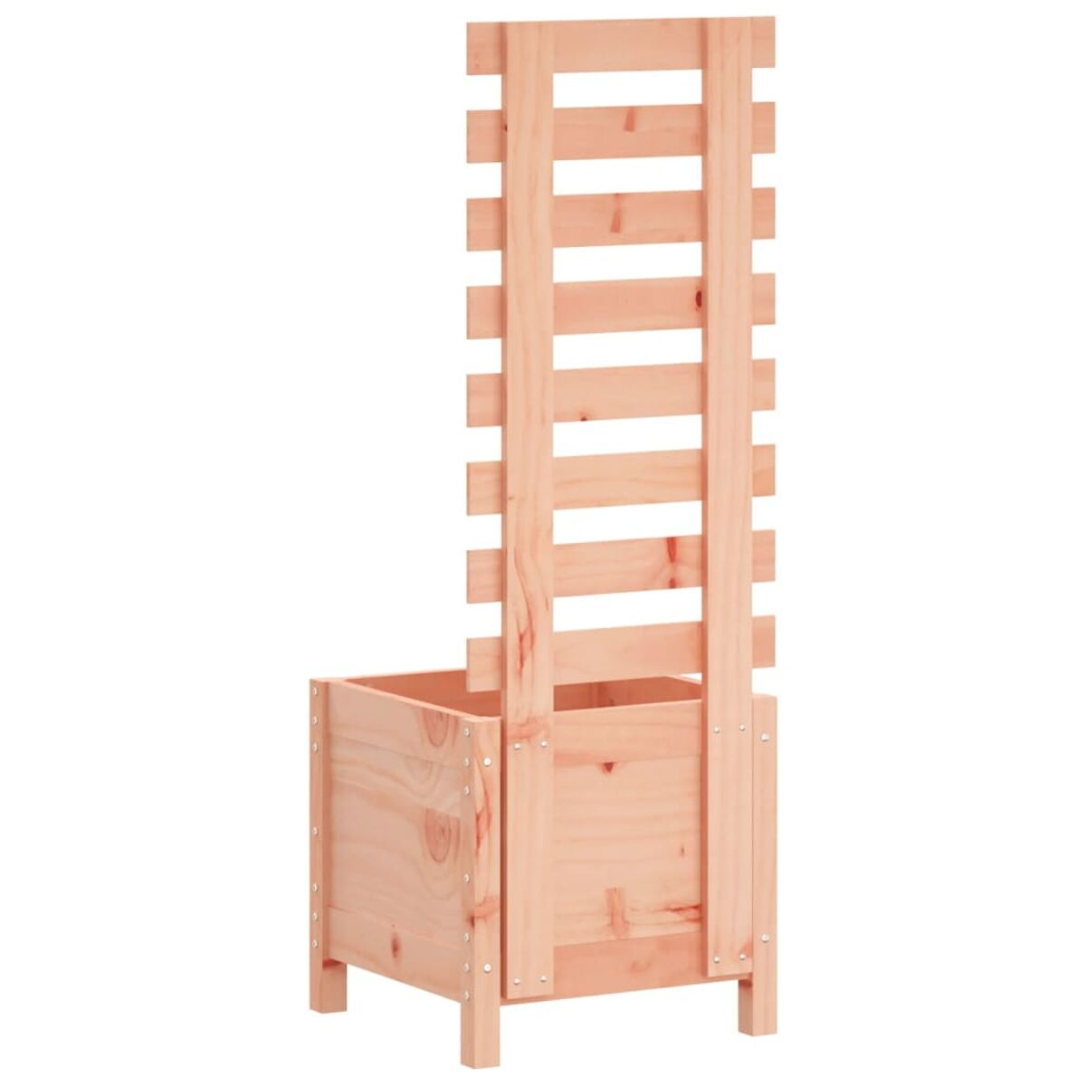 Ein Holzpflanzer mit einem Spalier. Er hat eine kastenförmige Basis.
