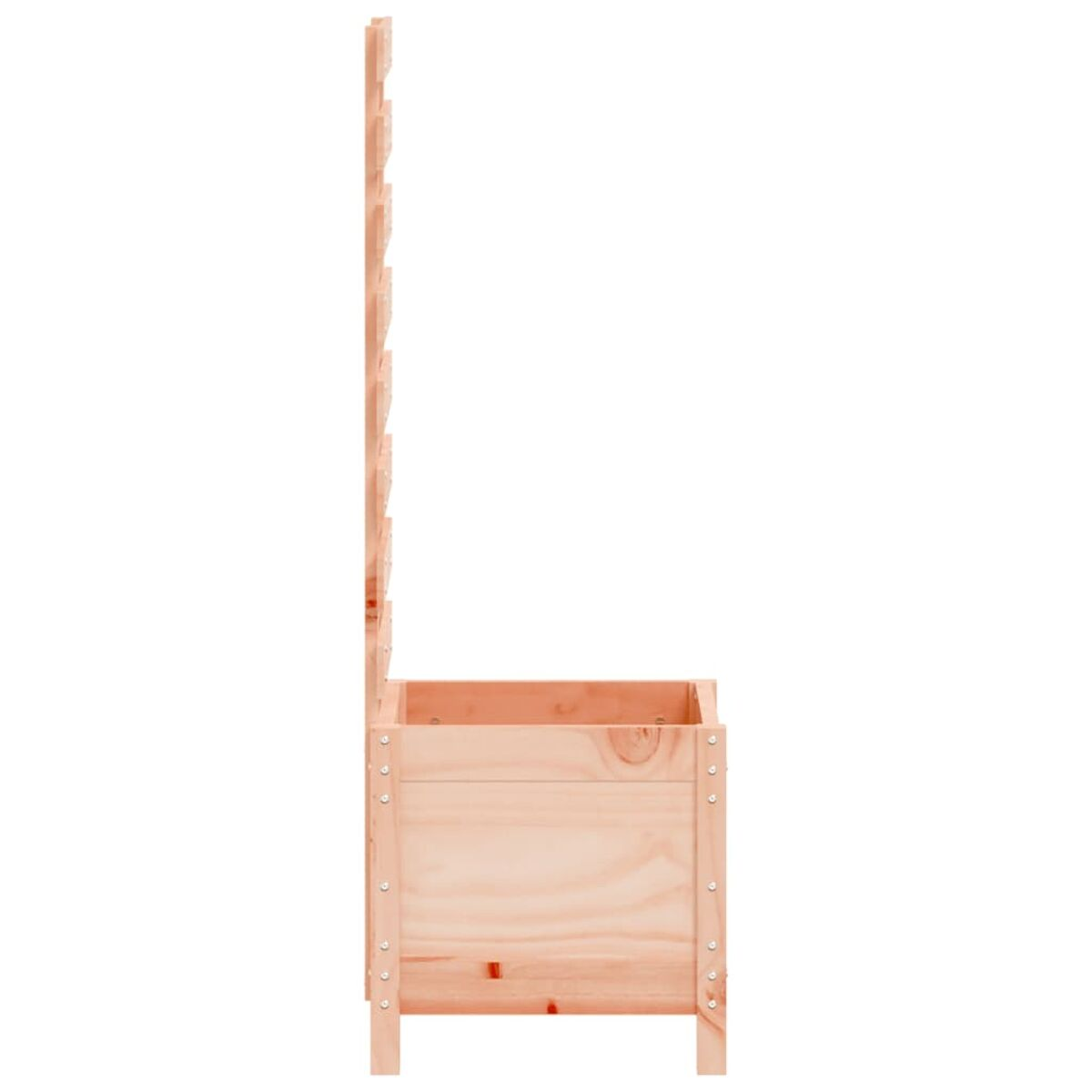 Ein Holzpflanzer mit einem Gitter befestigt. Es besteht aus hellem Holz.