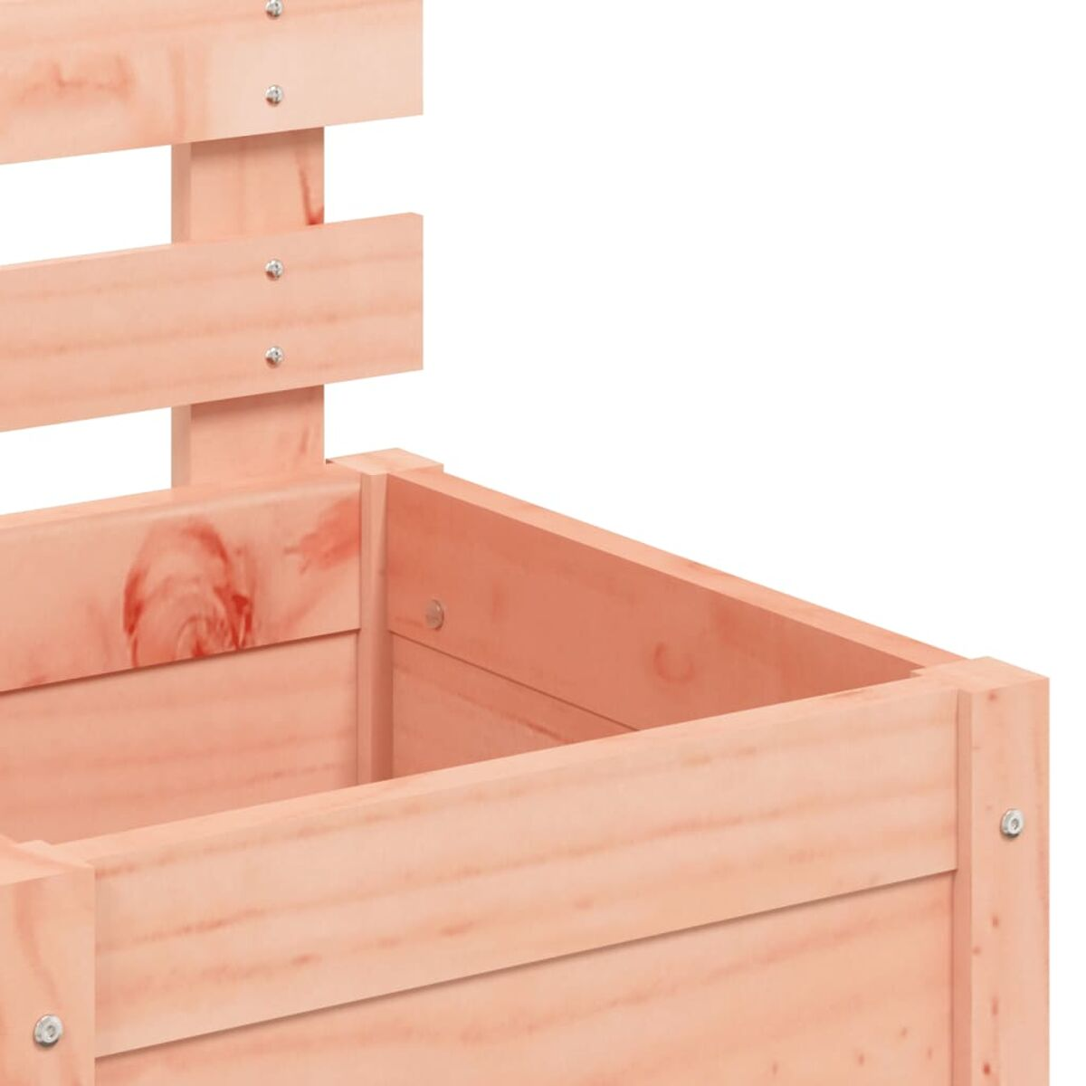 Pflanzkasten aus Holz, hellbraunes Holz. Eckdetail.