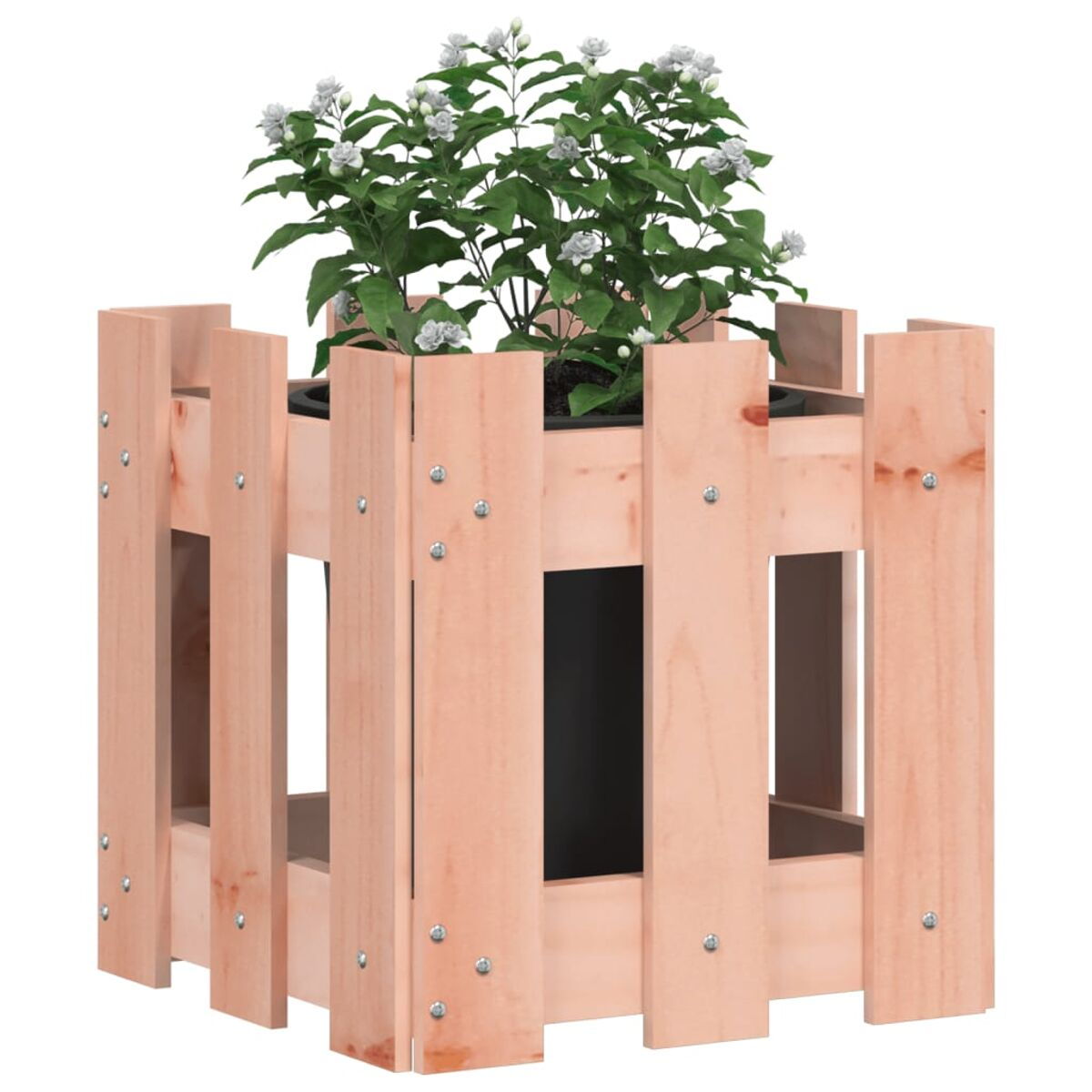 Holztopf mit einer Pflanze. Der Pflanzkübel ist hellbraun mit vertikalen Lamellen. Die Pflanze hat weiße Blüten.