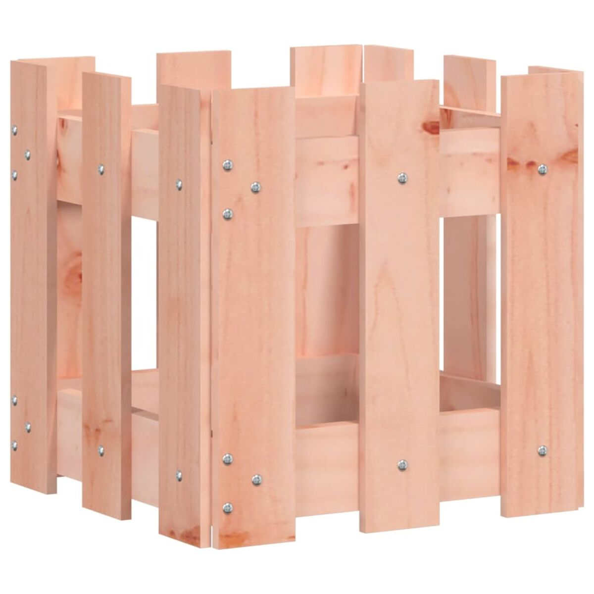 Pflanzkasten aus Holz mit vertikalen Brettern und Metallschrauben. Hellrosa Farbe.