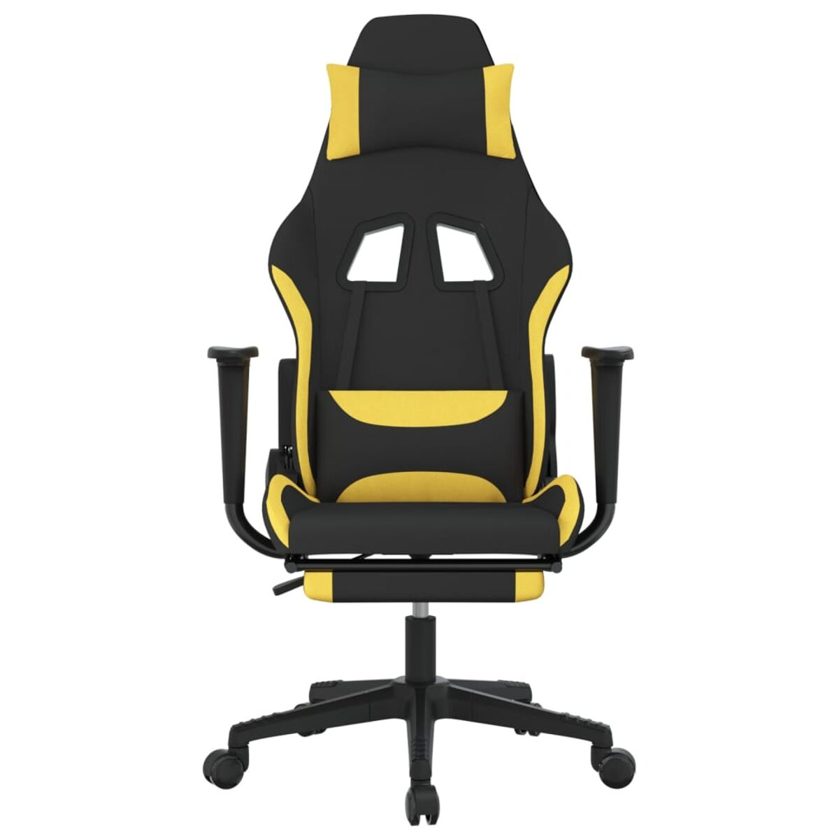 Ein schwarz-gelber Gaming-Stuhl. Weißer Hintergrund.