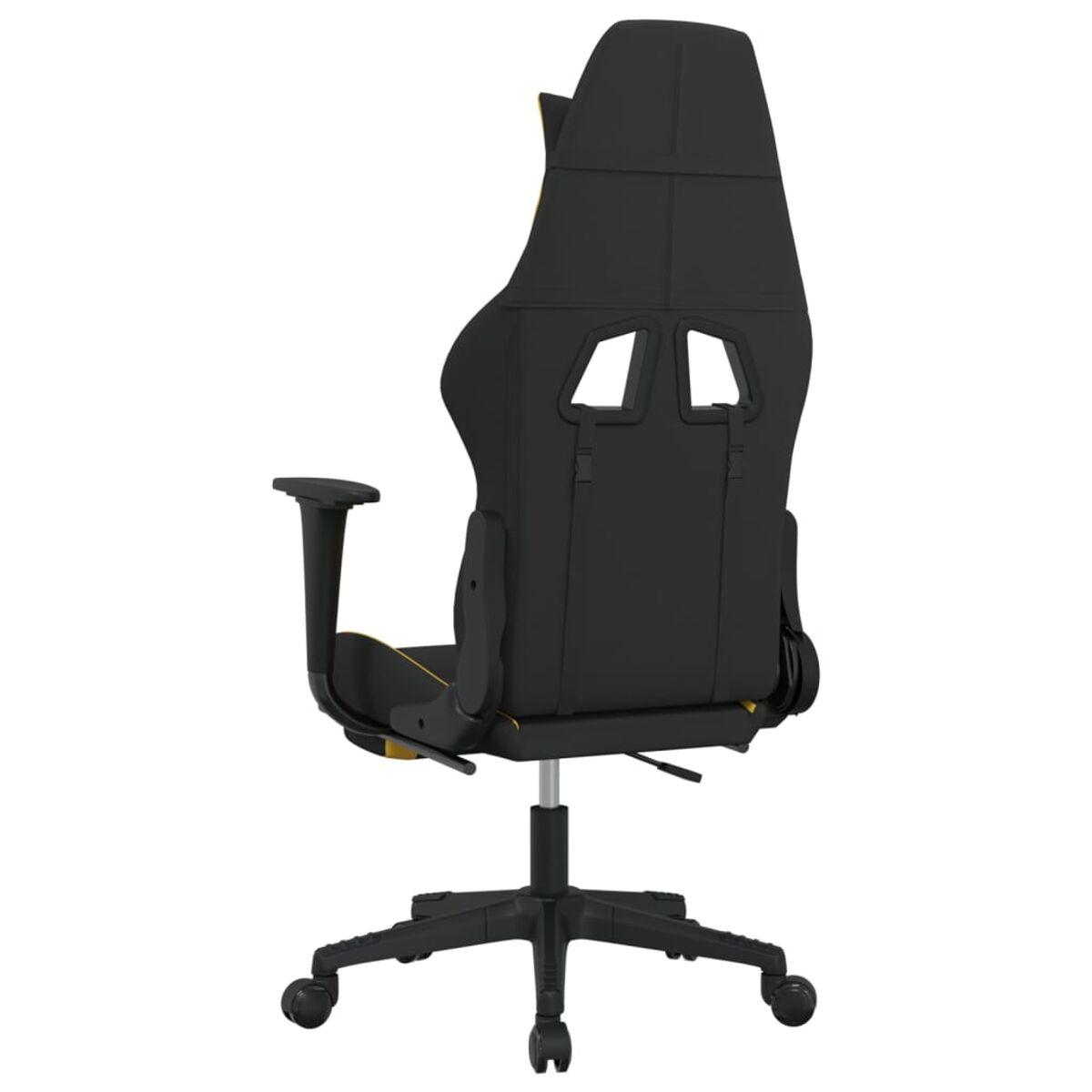Rückansicht eines schwarz-gelben Gaming-Stuhls mit hohem Rücken, auf schwarzem Gestell mit Rollen.