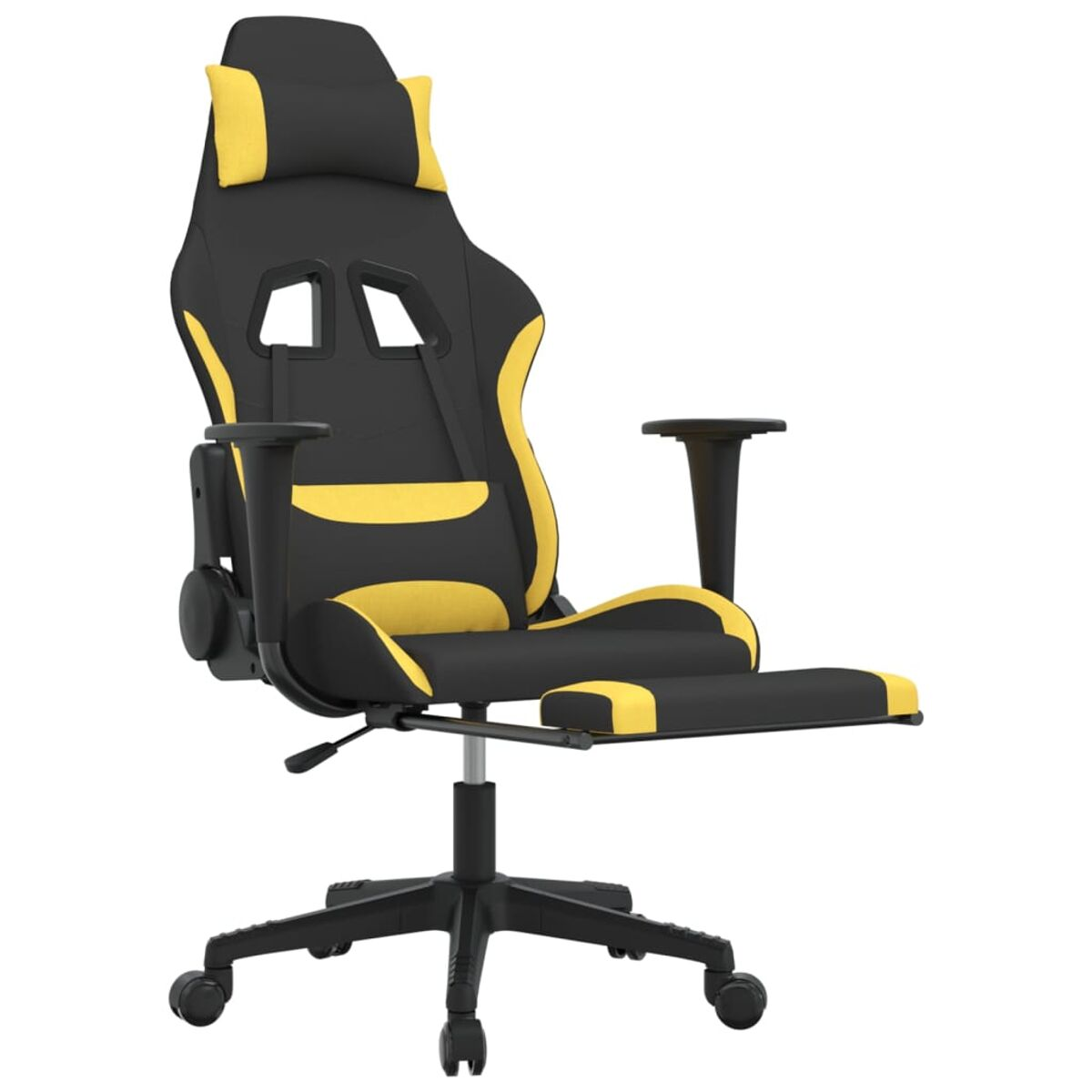 Schwarzer und gelber Gaming-Stuhl auf Rädern. Schwarzes Gestell und Armlehnen. Weißer Hintergrund.