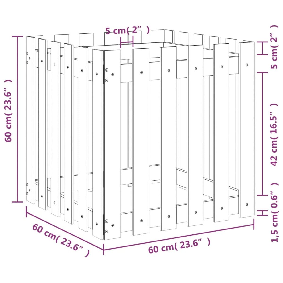 Quadratischer Holzpflanzkübel mit Maßangaben. Die Latten sind vertikal und beabstandet.