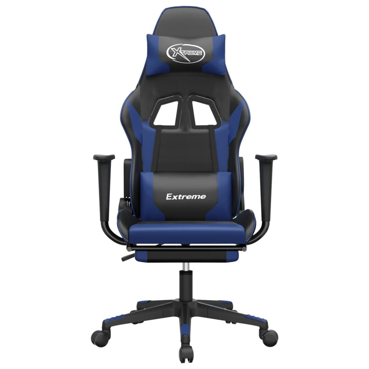 Gaming-Stuhl, Vorderansicht, mit schwarz, blau und weißem Design.