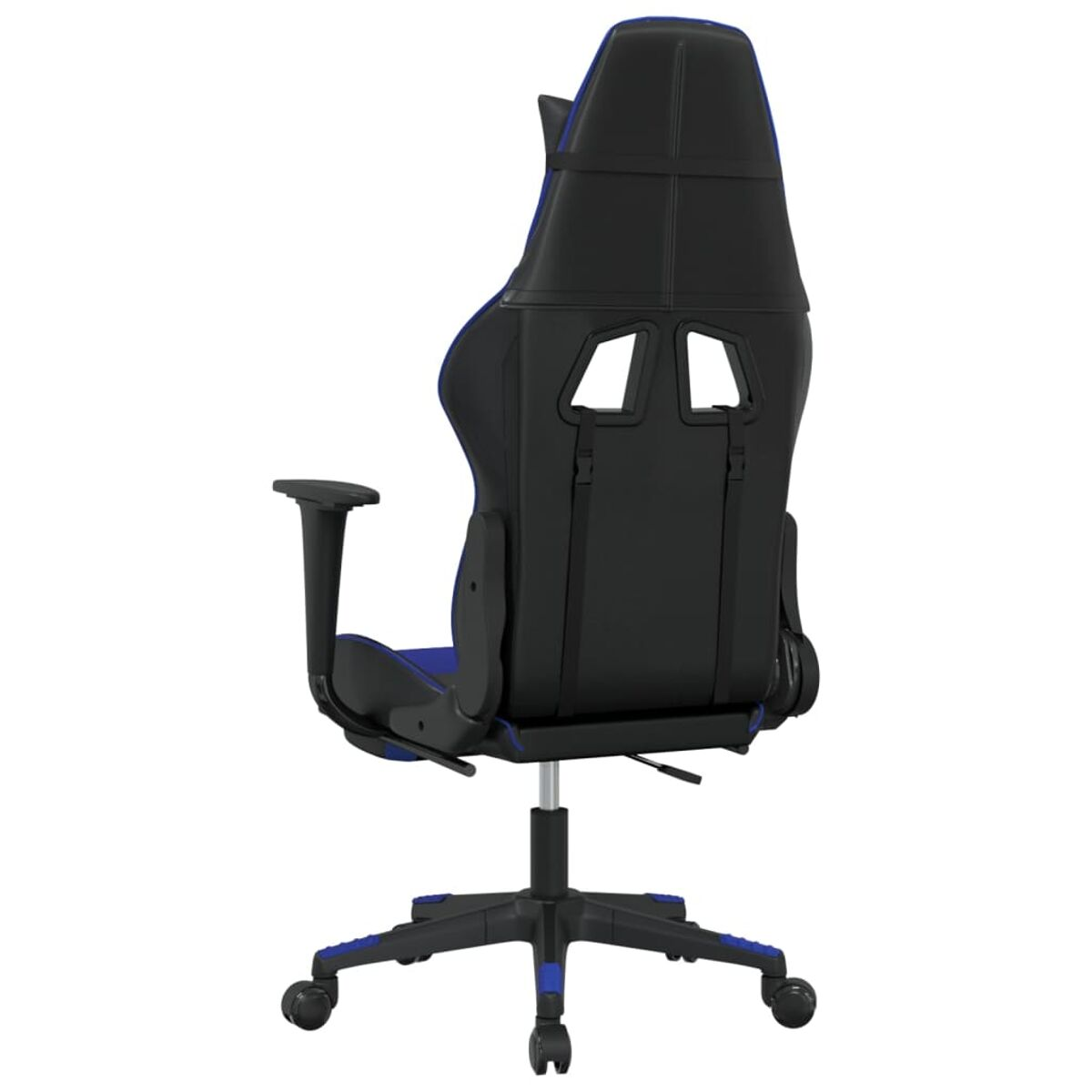 Schwarzer Gaming-Stuhl mit blauen Akzenten, die Rückseite ist sichtbar und zeigt Details und Rollen.