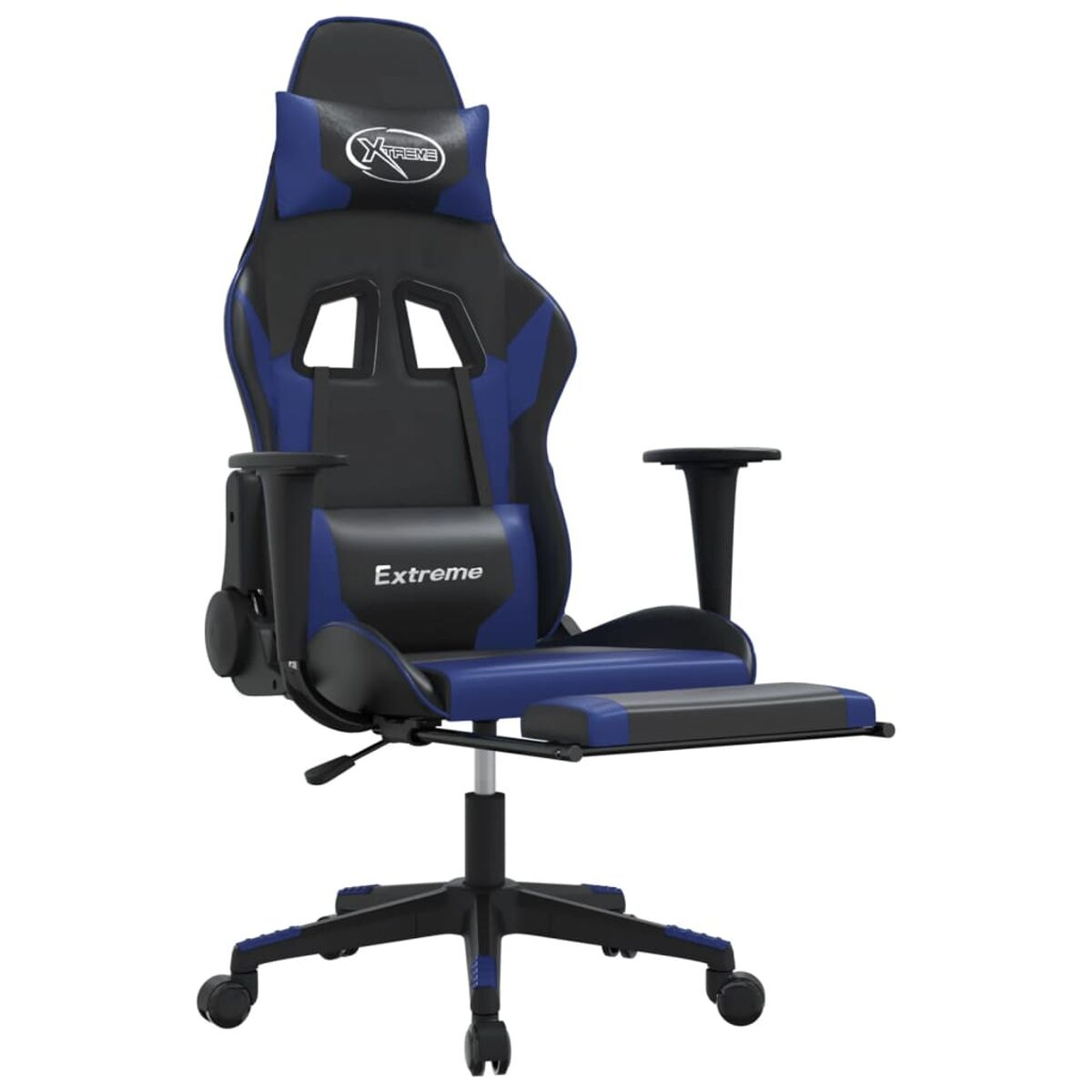 Ein blauer und schwarzer Gaming-Stuhl mit Fußstütze. Weißer Hintergrund.