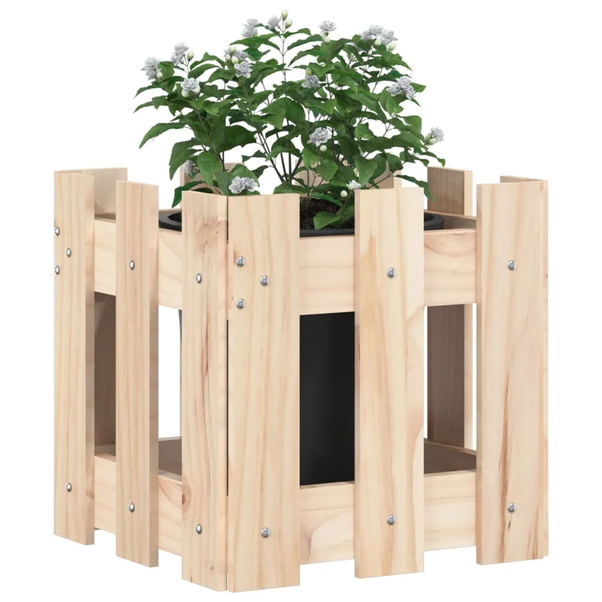 Holzpflanzkasten mit Pflanze. Heller Holzrahmen, offene Seiten und eine Pflanze mit weißen Blüten.