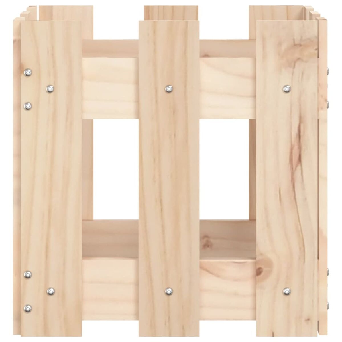 Holzkiste mit vertikalen und horizontalen Brettern, helles Holz, befestigt mit kleinen Metallschrauben.