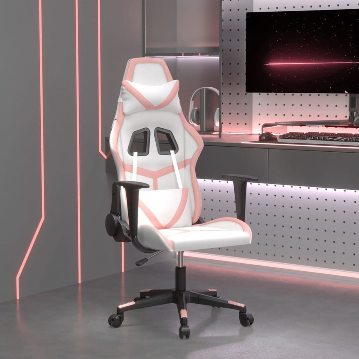 Ein weißer und rosa Gaming-Stuhl in einem Raum mit Neonlichtern und einem Computer.