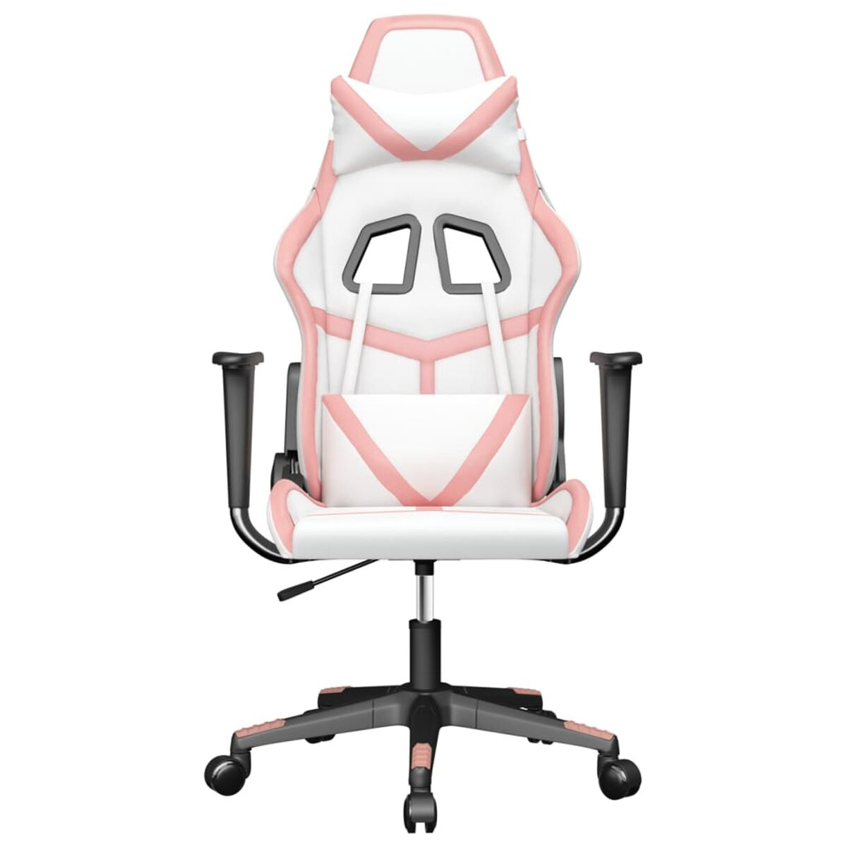Ein weiß-rosa Gaming-Stuhl mit Kopfstütze, Armlehnen und einem Fünf-Rollen-Gestell.