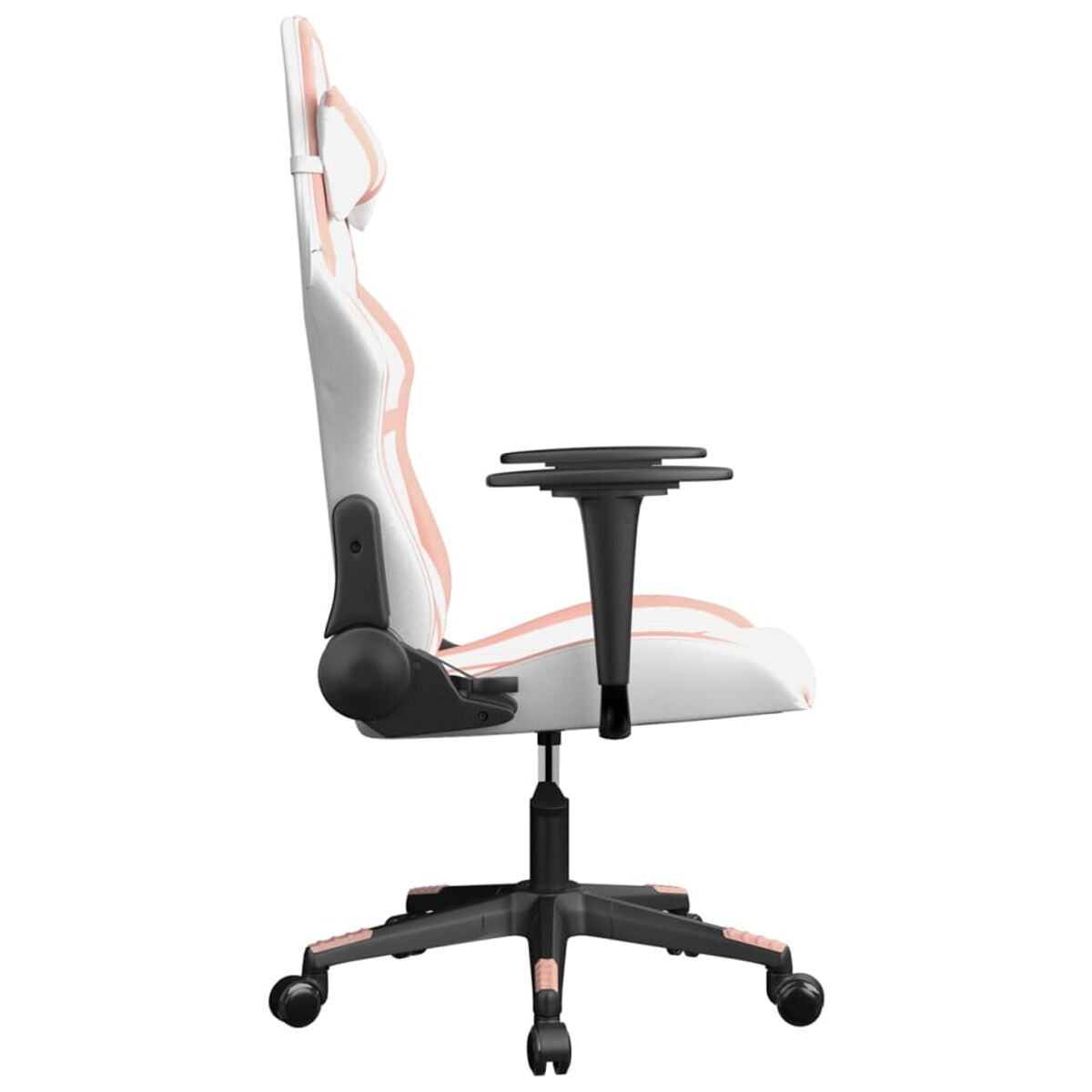 Seitenansicht eines weiß-rosa Gaming-Stuhls mit Kopfstütze und Armlehnen. Der Hintergrund ist weiß.