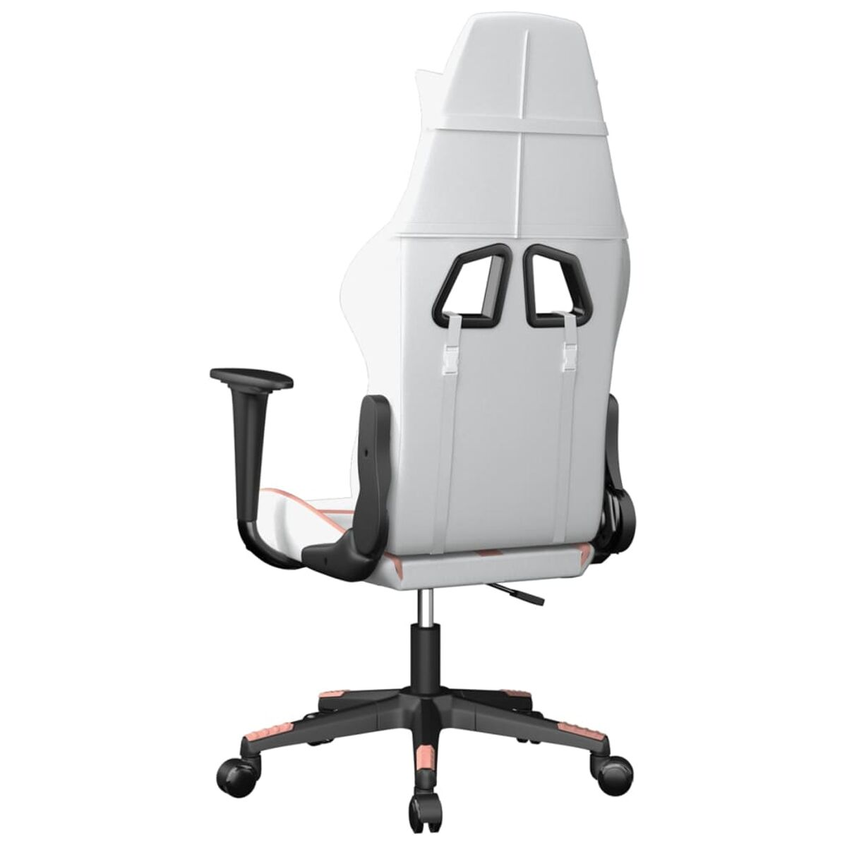Rückansicht eines weißen Gaming-Stuhls mit schwarzen Akzenten. Er hat eine roségoldfarbene Basis und Armlehnen.