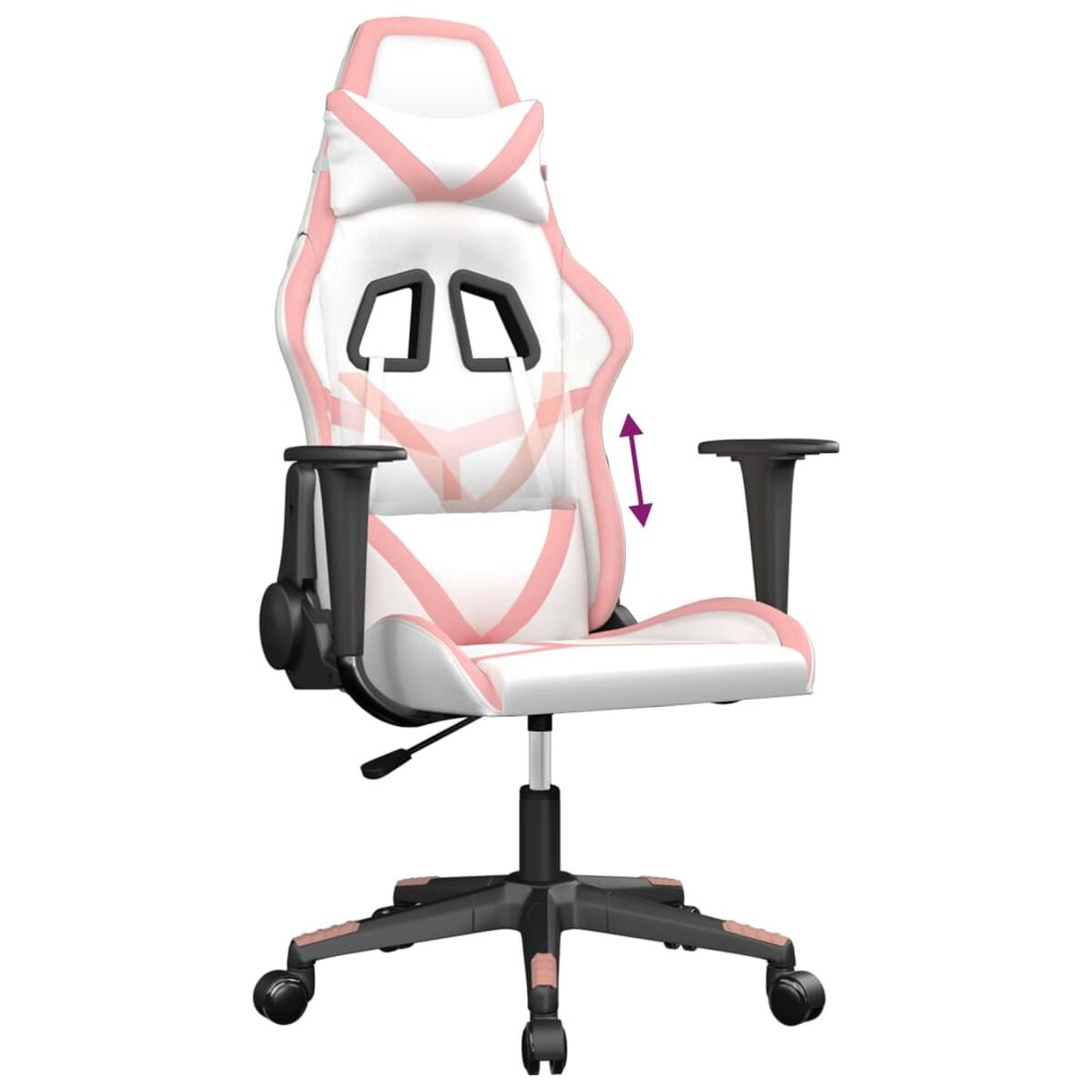 Weiß-rosa Gaming-Stuhl mit verstellbaren Armlehnen und Kopfstütze. Weißer Hintergrund.