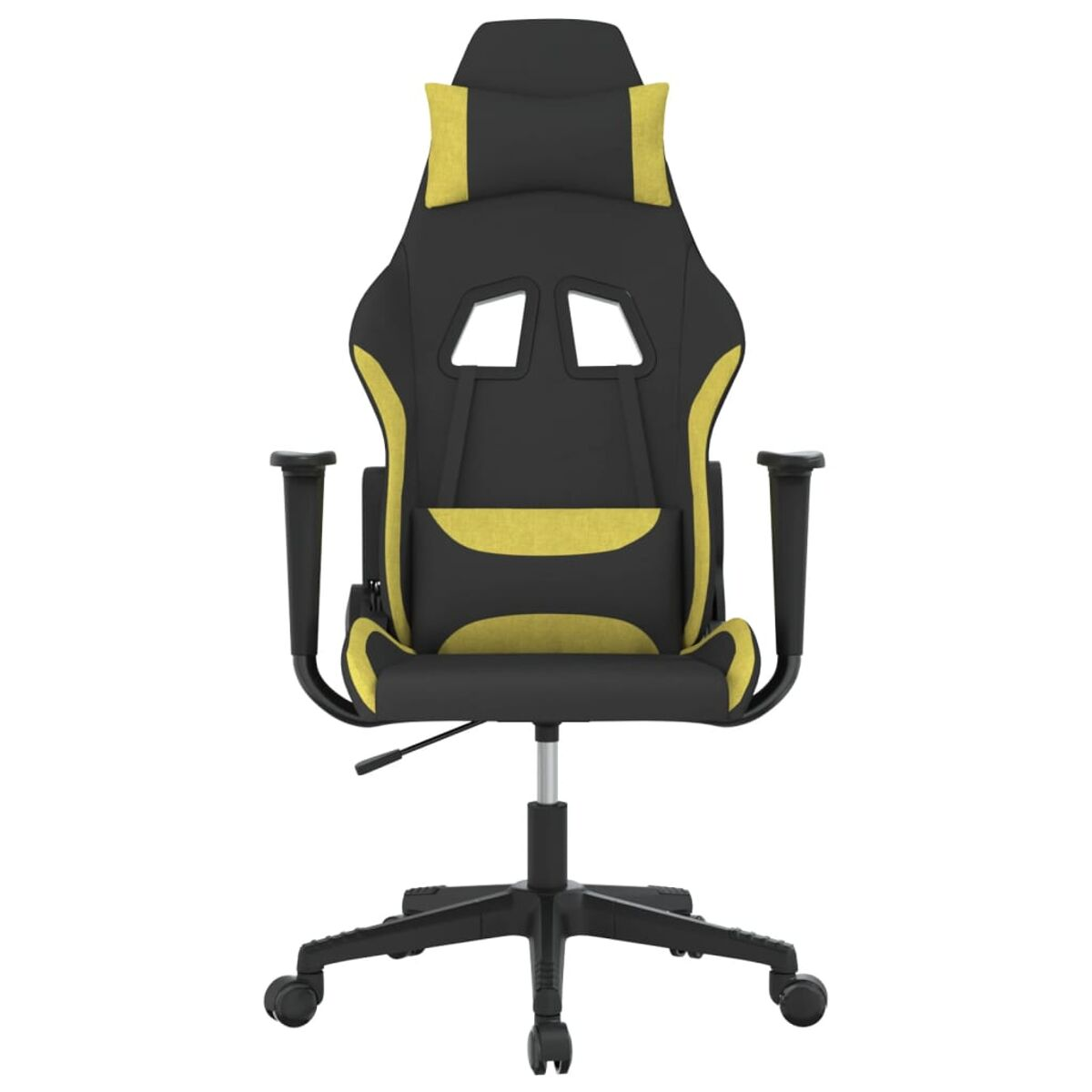 Gaming-Stuhl mit schwarzen und gelben Akzenten, Rollen und verstellbaren Funktionen.