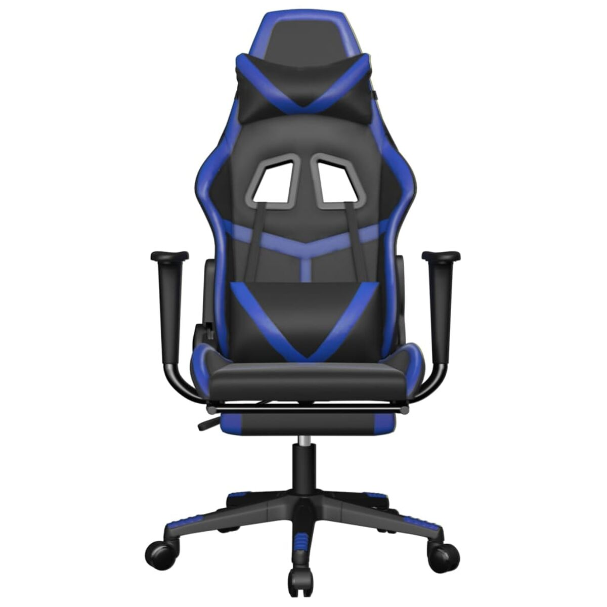 Gaming-Stuhl. Schwarz und blau mit Kopfstütze.