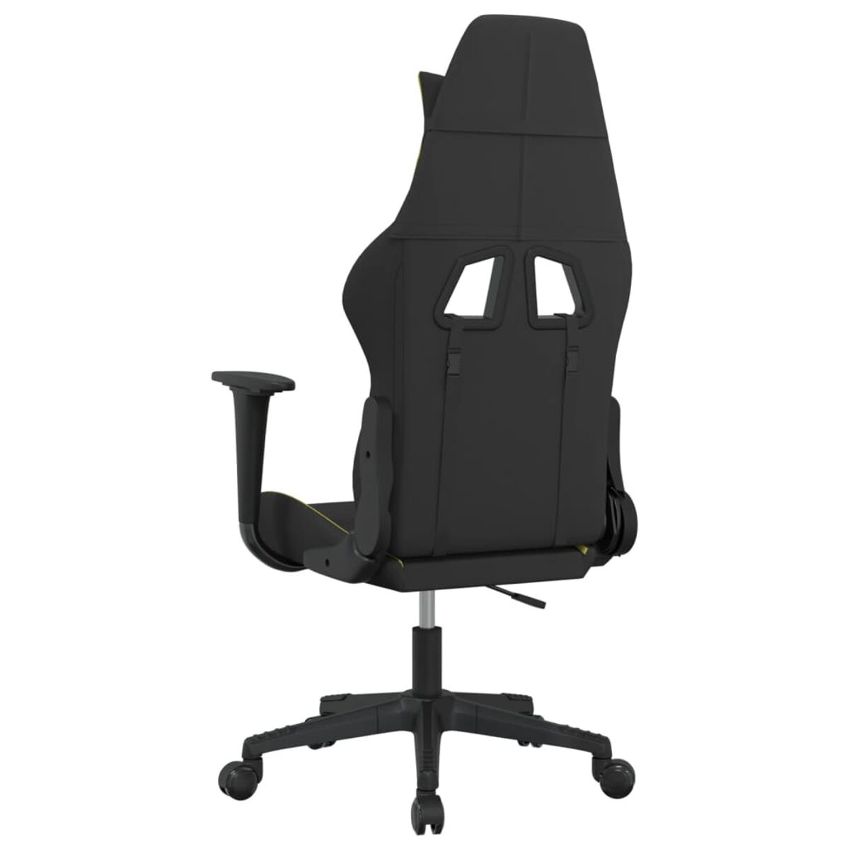 Rückansicht eines schwarz-gelben Gaming-Stuhls mit Kopfstütze und Rollen.