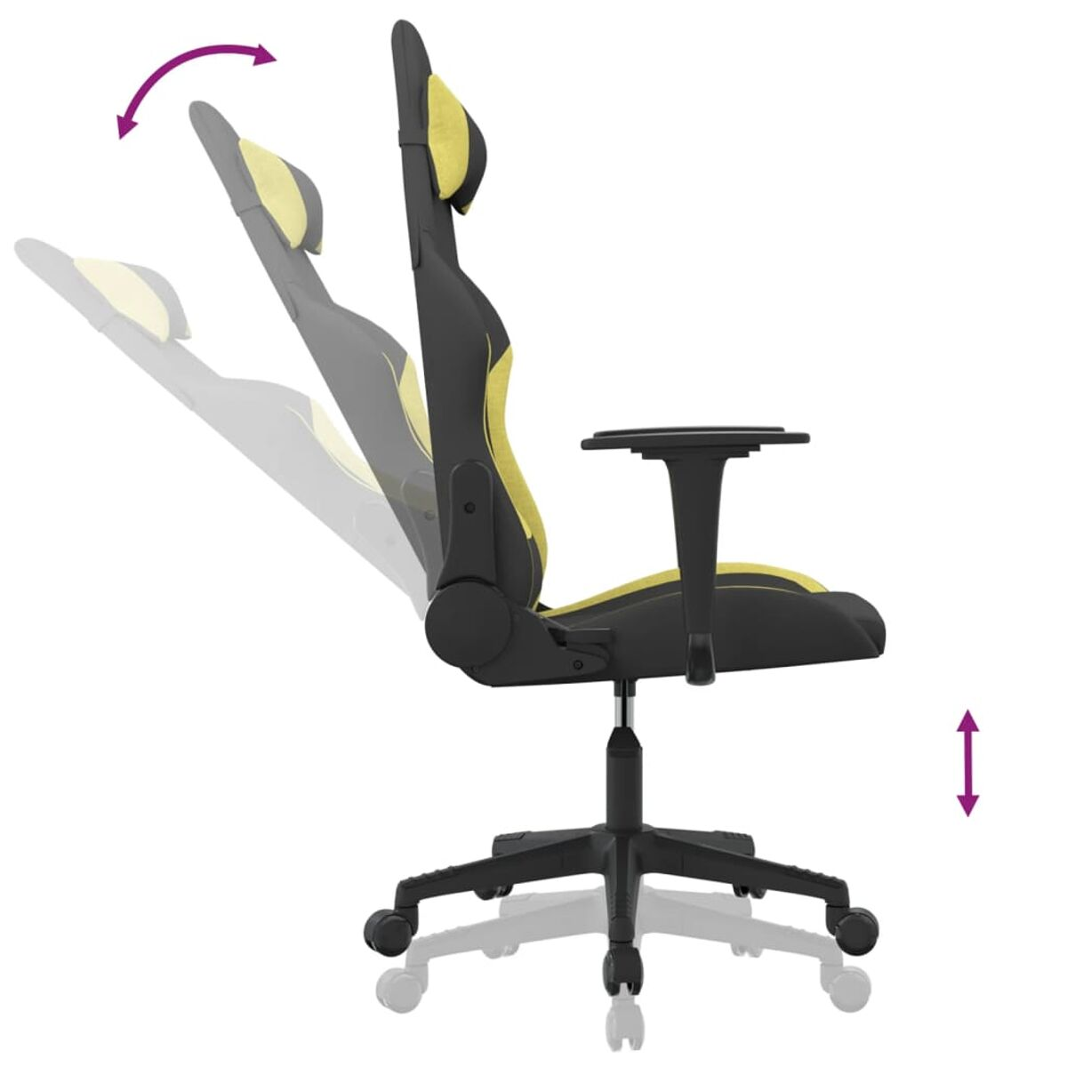 Ergonomischer Gaming-Stuhl, schwarz und gelb, mit verstellbaren Funktionen.