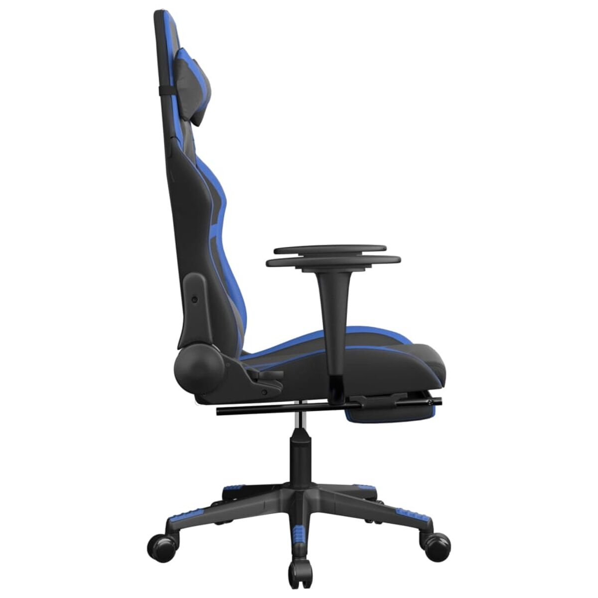 Gaming-Stuhl mit blauen Akzenten, von der Seite gesehen. Schwarze Basis.
