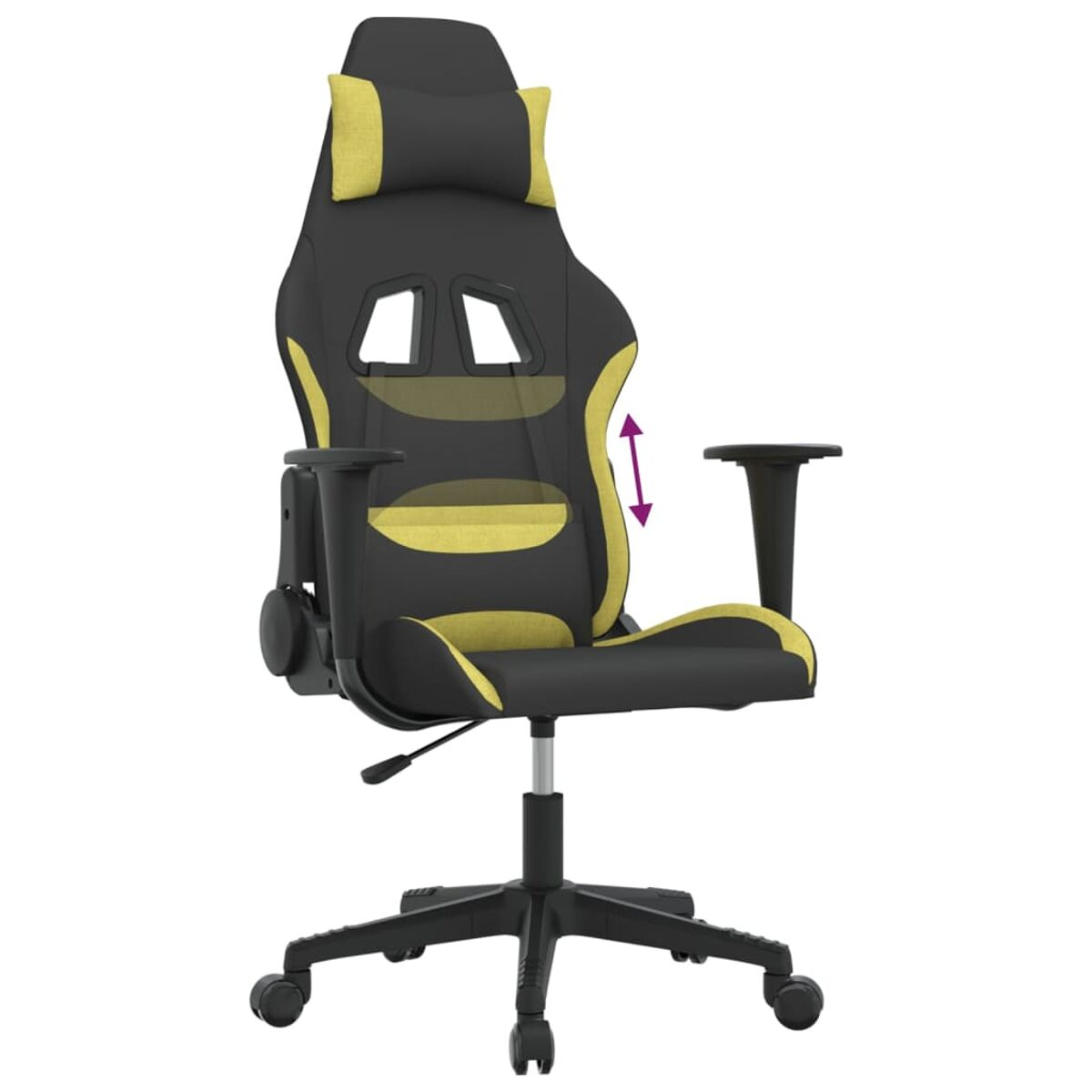 Gaming-Stuhl, schwarz mit gelben Akzenten. Verstellbare Rückenlehne mit gelber Kopfstütze und Armlehnen.