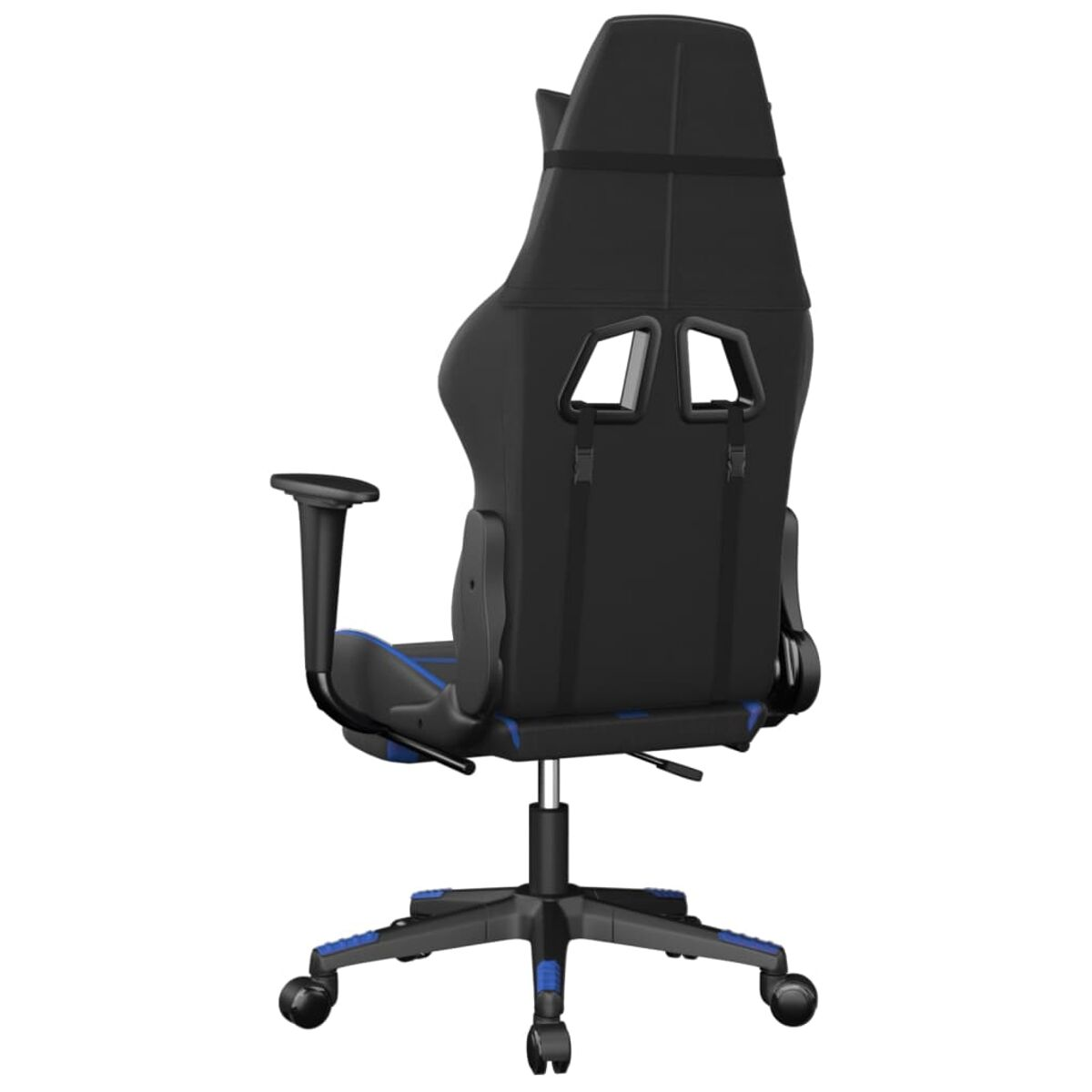 Schwarzer Gaming-Stuhl, Rückansicht mit blauen Akzenten.