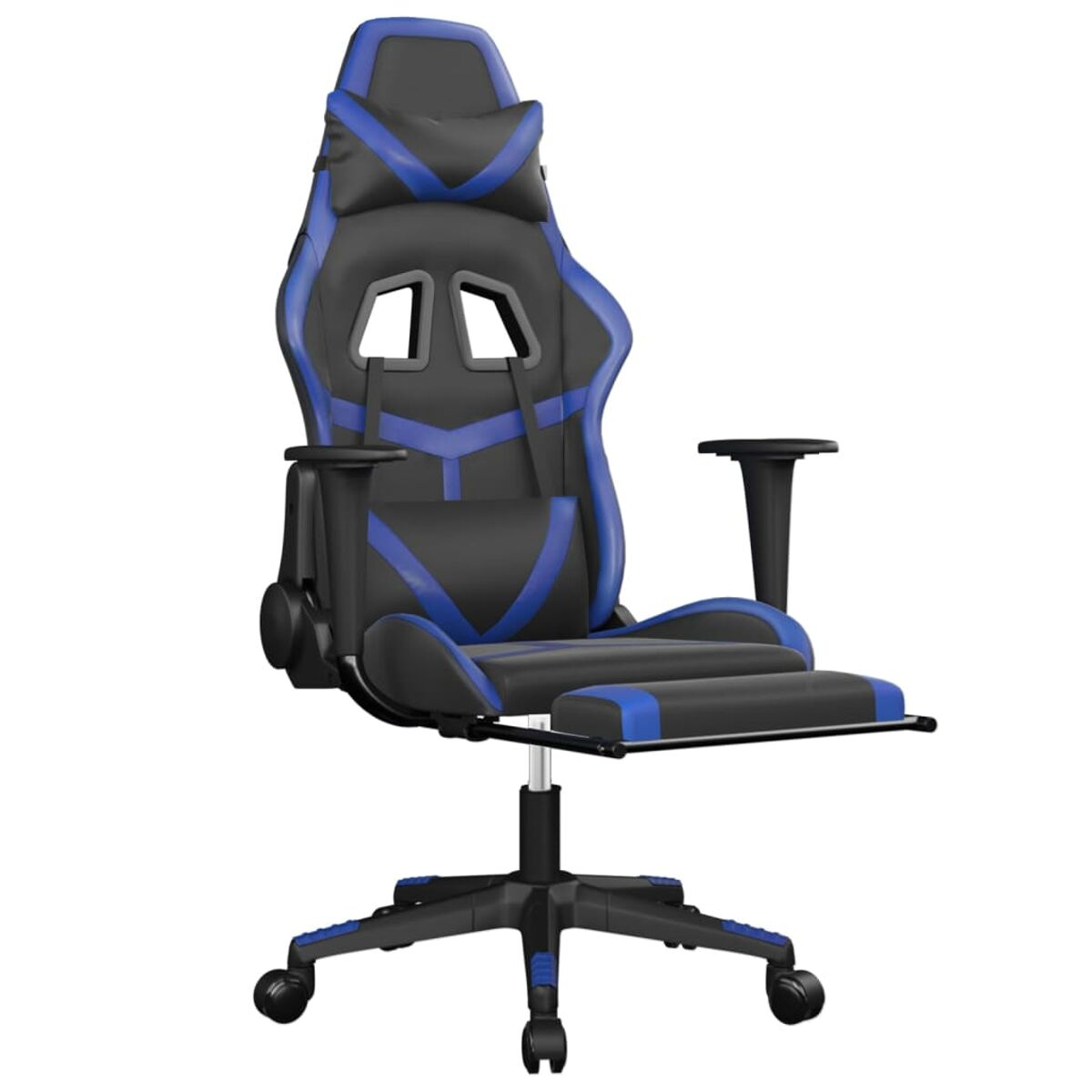 Gaming-Stuhl, schwarz und blau, mit ausgefahrener Fußstütze. Schwarzes Gestell mit Rollen. Blaue Akzente und Details.