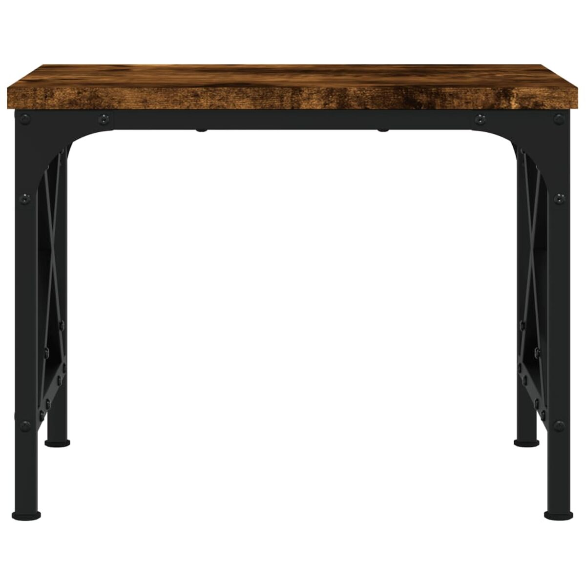 Ein brauner Holztisch mit schwarzen Metallbeinen. Die Tischplatte hat eine Holzmaserung.
