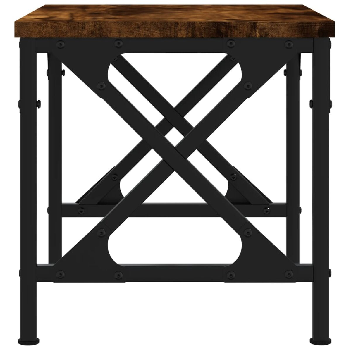 Holztisch mit dunkler Holzplatte und schwarzem Metallrahmen. Draufsicht.