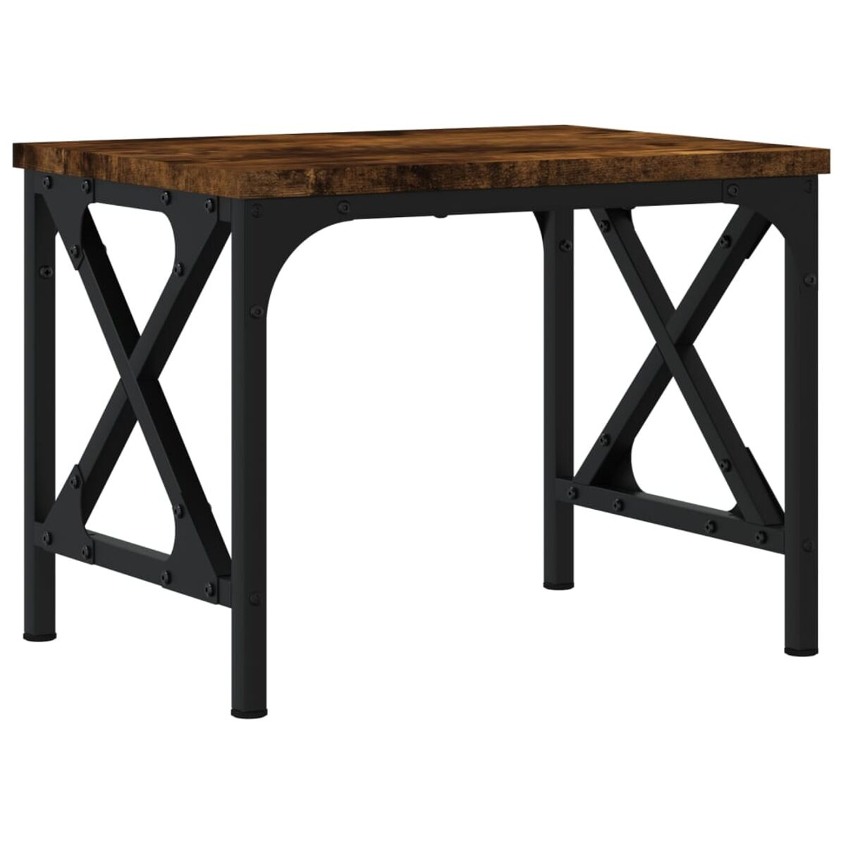 Ein brauner Holzschreibtisch mit schwarzen Metallbeinen. Die Beine haben ein X-Design, und der Schreibtisch ist leer.