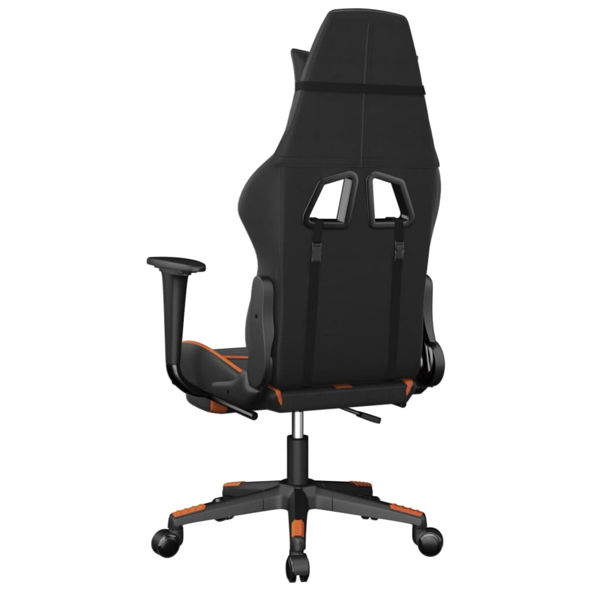 Rückansicht eines schwarz-orangenen Gaming-Stuhls.