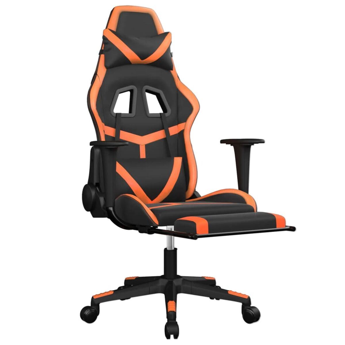 Schwarz-oranger Gaming-Stuhl mit Fußstütze. Er hat eine Kopfstütze und Armlehnen, vor weißem Hintergrund.