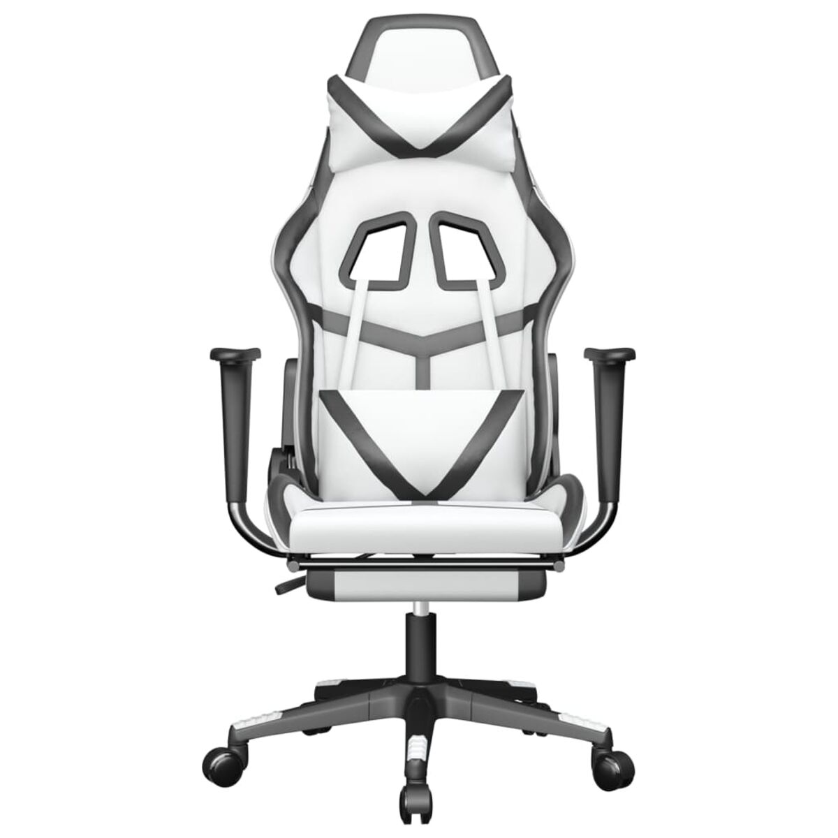 Ein weißer und schwarzer Gaming-Stuhl. Vorderansicht, auf weißem Hintergrund.