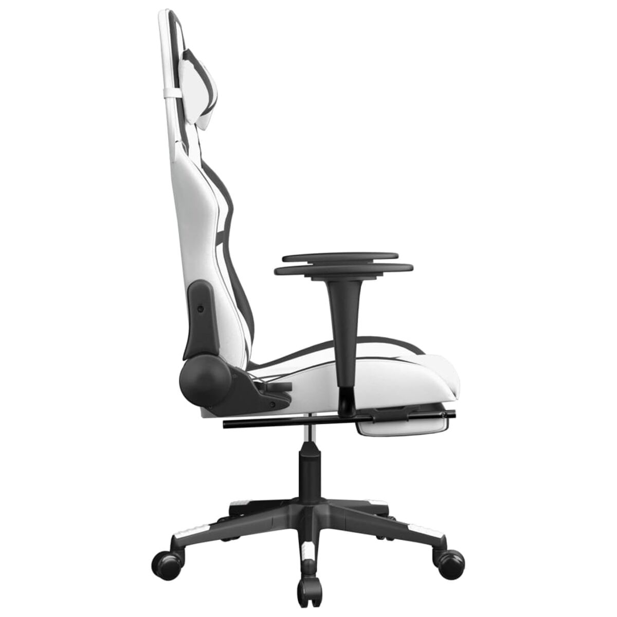 Seitenansicht eines weißen und schwarzen Gaming-Stuhls mit schwarzem Fuß und Rollen.