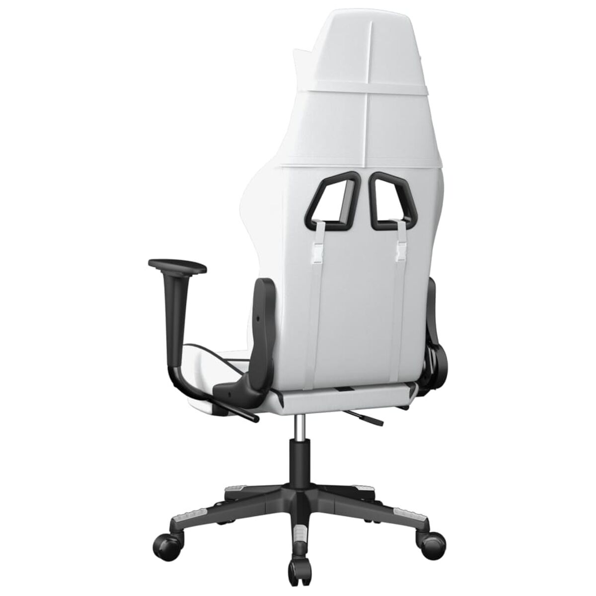 Weißer Gaming-Stuhl, Rückansicht, mit schwarzen Akzenten und Rädern.