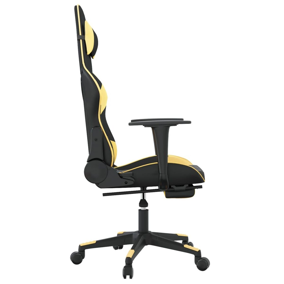 Gaming-Stuhl, Profilansicht, schwarz-gelbes Farbschema, mit Armlehnen und schwarzer Basis.