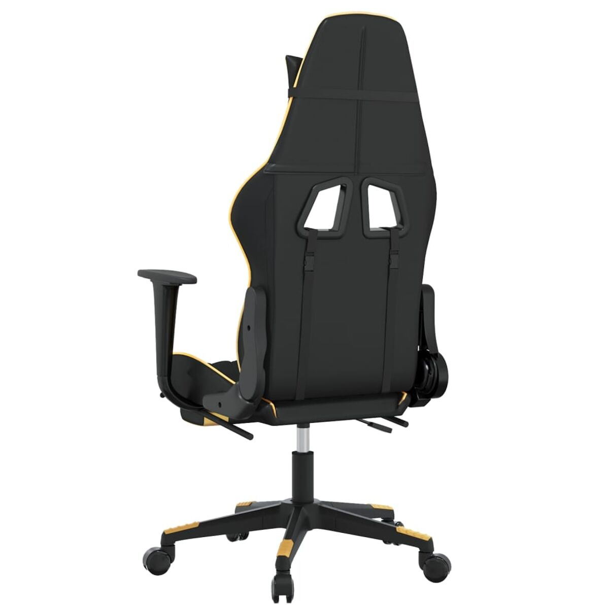 Schwarzer Gaming-Stuhl mit gelben Akzenten, Rückansicht, hoher Rücken und Armlehnen.