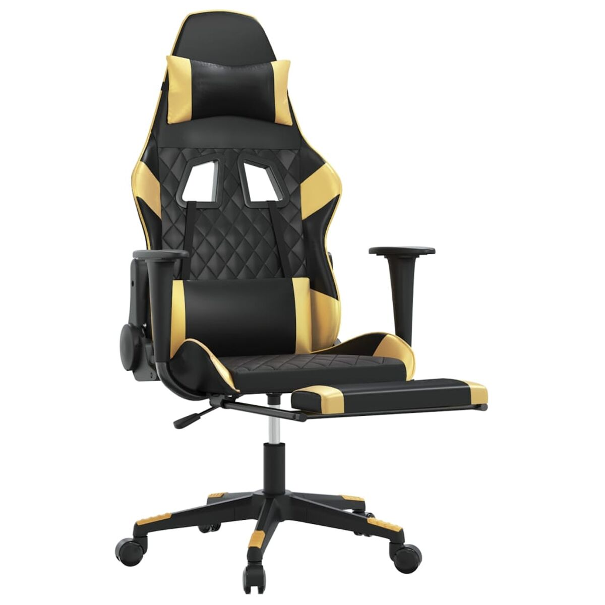 Gaming-Stuhl mit goldenen und schwarzen Details, schwarzem Gestell und Fußstütze.