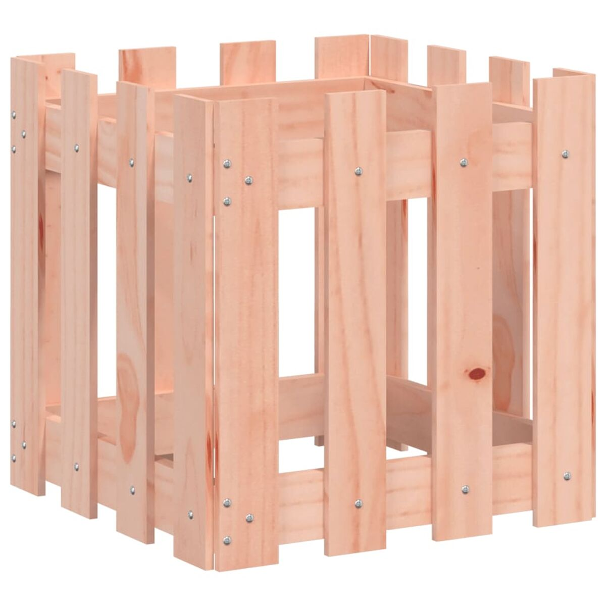 Quadratischer Holzpflanzkübel, helles Holz, vertikale Lamellen.