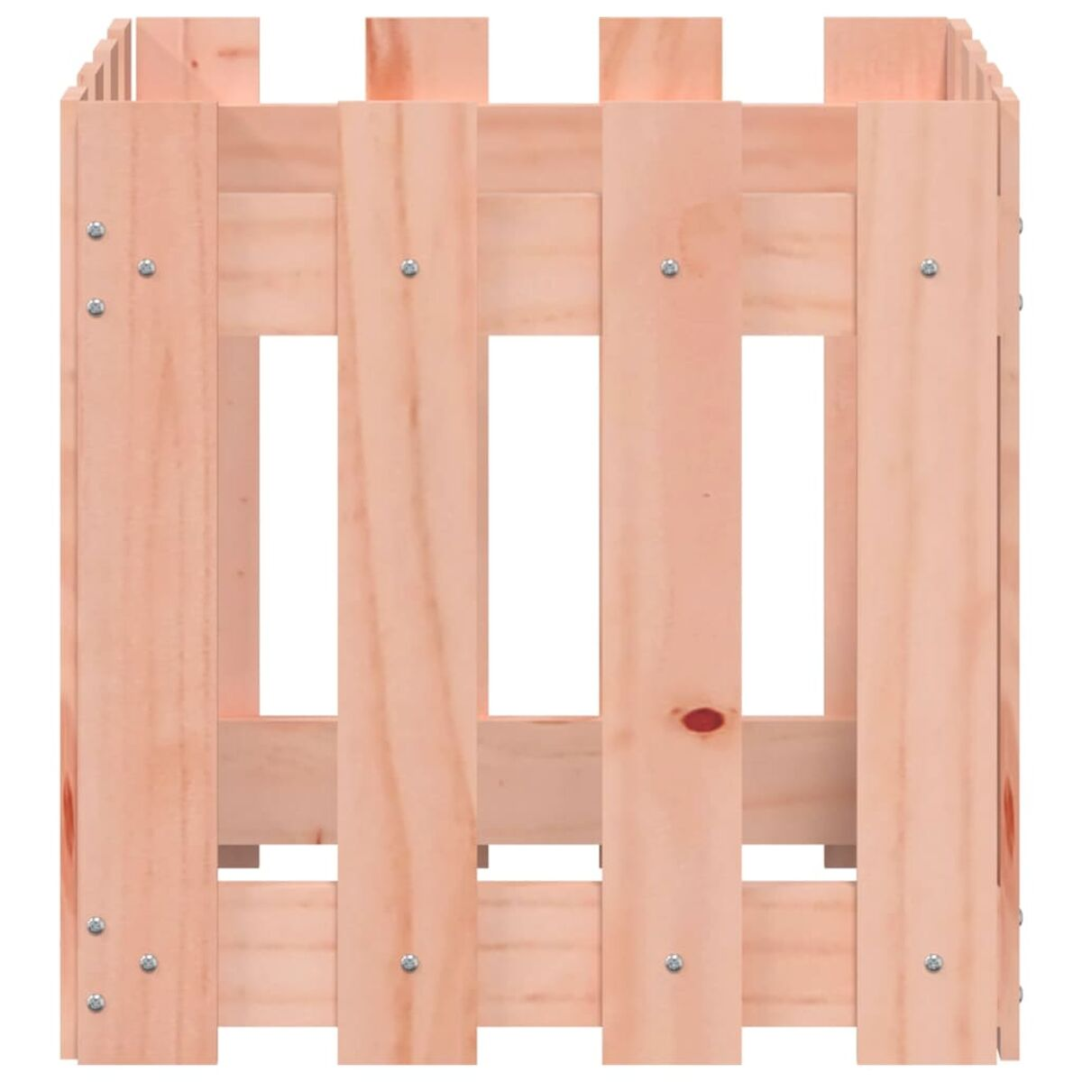 Holzkiste mit vertikalen Lamellen und Metallverschlüssen. Das Holz ist hellbraun.