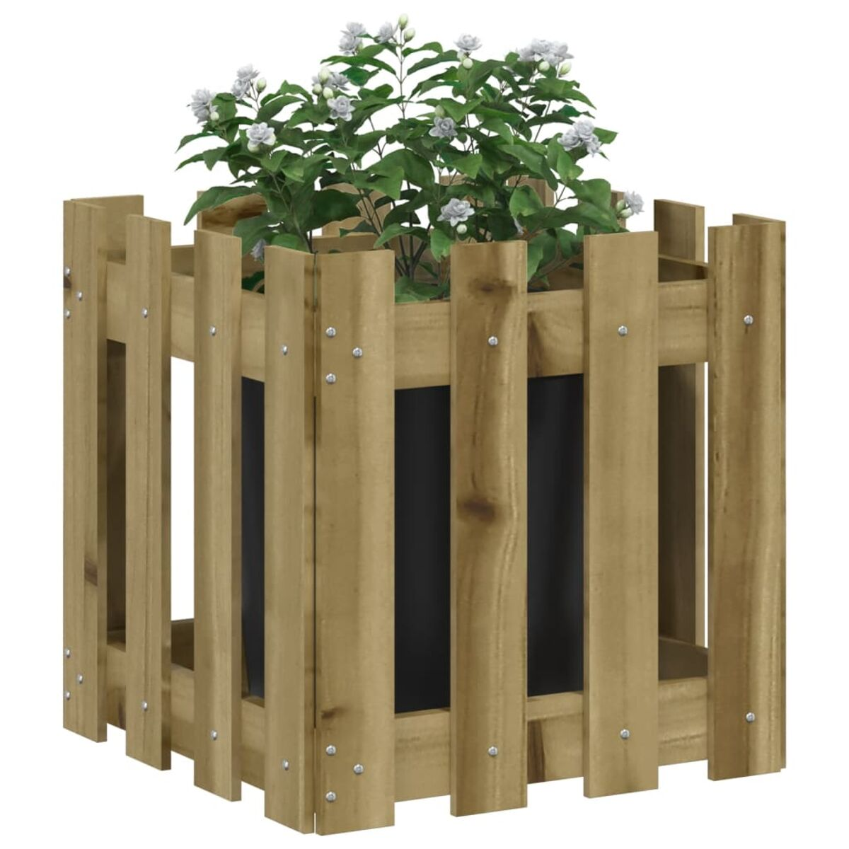 Holzpflanzer mit vertikalen Lamellen. Die Innenseite ist schwarz mit weißen Blumen.