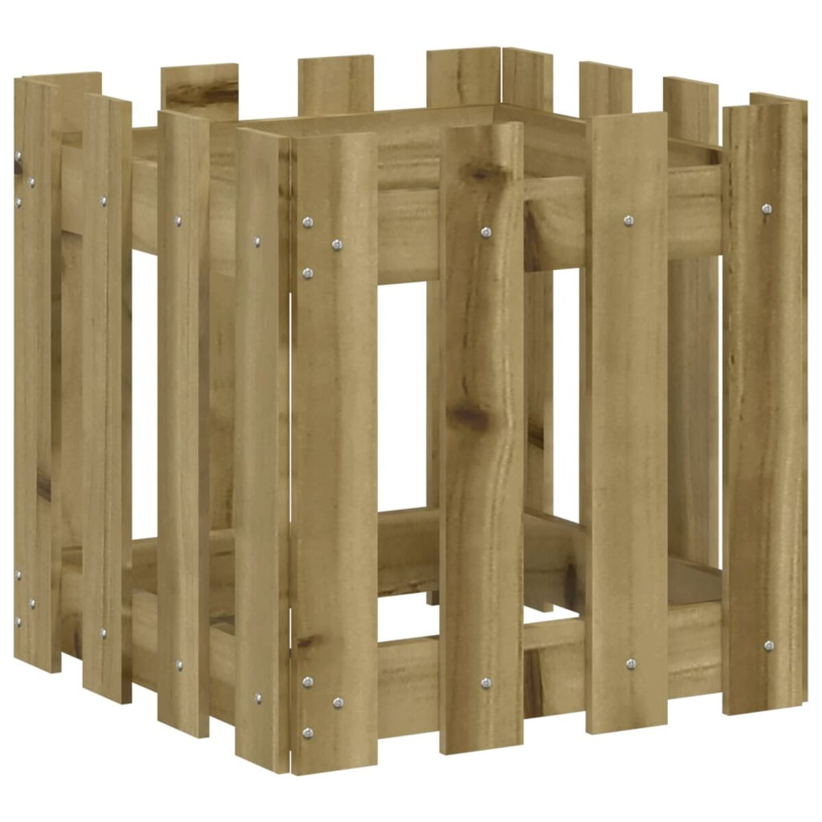 Quadratischer Pflanzkasten aus Holz mit vertikalen Lamellen. Der Pflanzkasten ist braun.