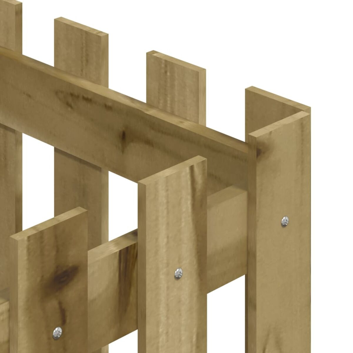 Nahaufnahme von Holzbrettern, die durch Schrauben verbunden sind und eine Ecke bilden.