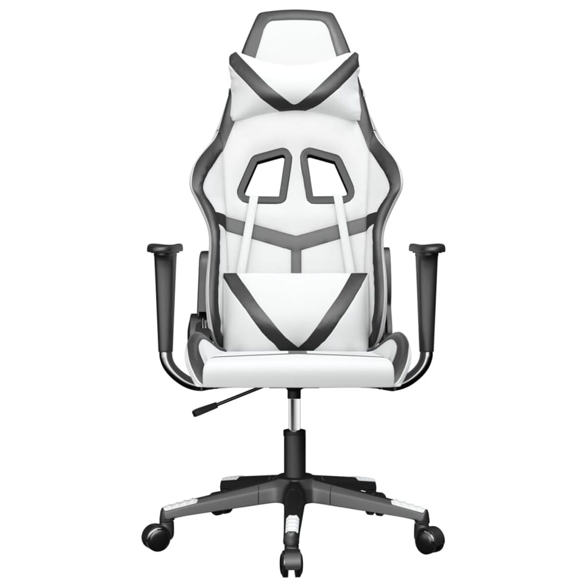 Ein weiß-schwarzer Gaming-Stuhl mit Armlehnen auf weißem Hintergrund.