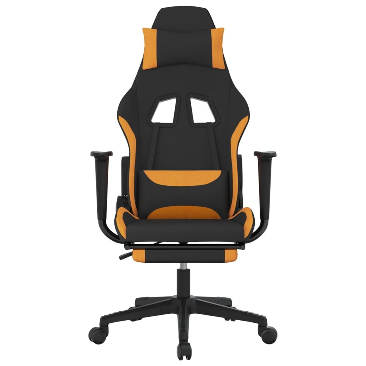 Ein schwarzer und oranger Gaming-Stuhl. Er hat eine Kopfstütze, Armlehnen und Räder. Der Stuhl ist leer.