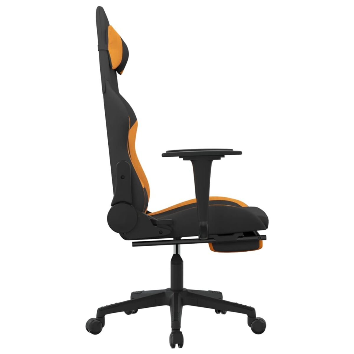 Ein Gaming-Stuhl in Schwarz und Orange, Seitenprofil, mit Kopfstütze und Armlehnen.