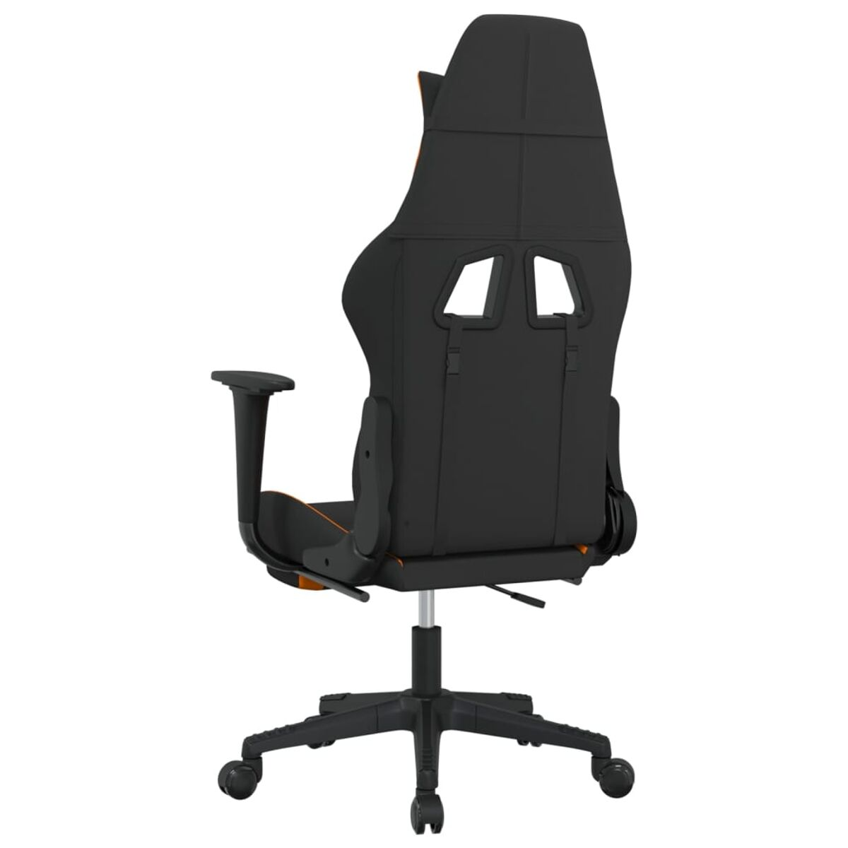 Gaming-Stuhl, Rückansicht. Schwarzes und oranges Design mit schwarzer Basis.