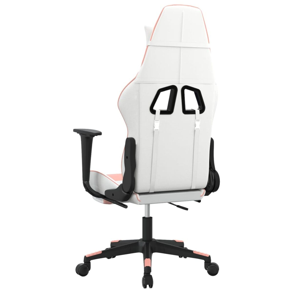 Gaming-Stuhl, Rückansicht. Weiß mit rosa Akzenten, schwarzem Untergestell und Armlehnen.